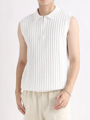 White ribbed knit zip-up tank with polo collar and sleeveless design.
