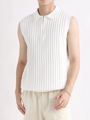 White ribbed knit zip-up tank with polo collar and sleeveless design.