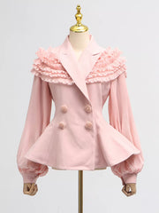 Pink skirt suit with frill collar, balloon sleeves, and double-breasted peplum style.