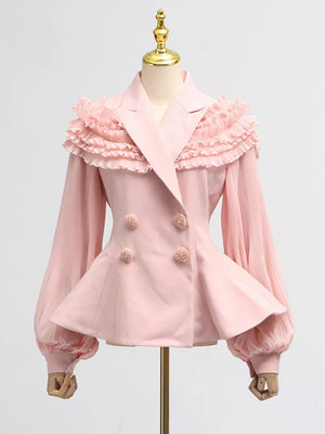 Pink skirt suit with frill collar, balloon sleeves, and double-breasted peplum style.