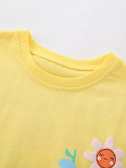 Yellow baby tee with cartoon fruit applique and flower detail