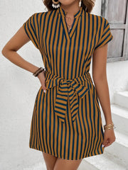 Brown striped mini dress with V-neck, cap sleeves, and self-tie waist.