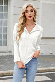 White collared long sleeve blouse with wave-effect texture