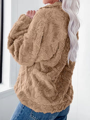 Textured fleece quarter zip sweatshirt in khaki with a cozy, plush feel.