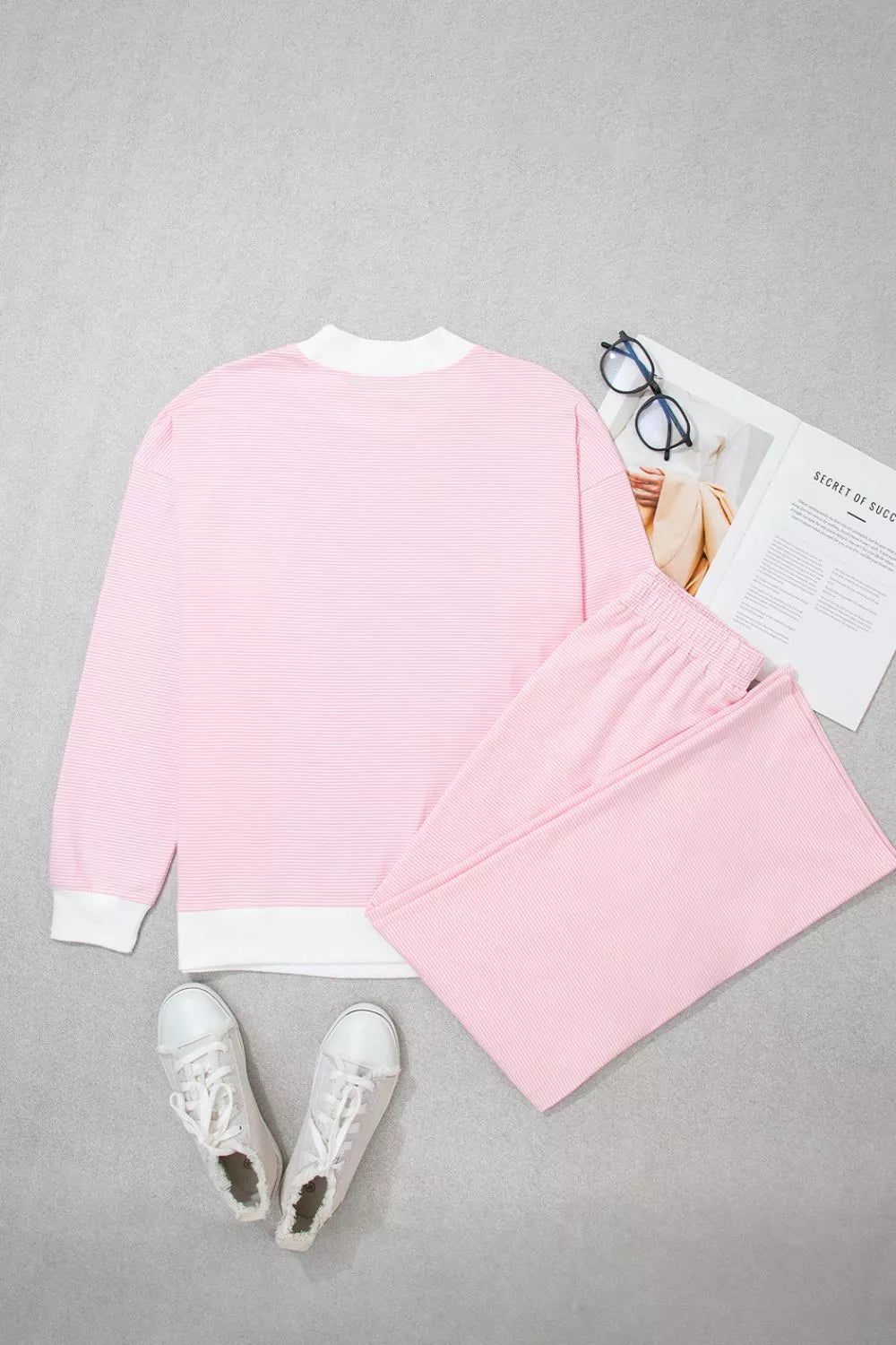 Striped Long Sleeve Top And Pants Set in Blush Pink, fabric detail