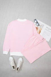 Striped Long Sleeve Top And Pants Set in Blush Pink, fabric detail