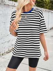 Relaxed fit striped t-shirt with contrast blue trim and short sleeves.