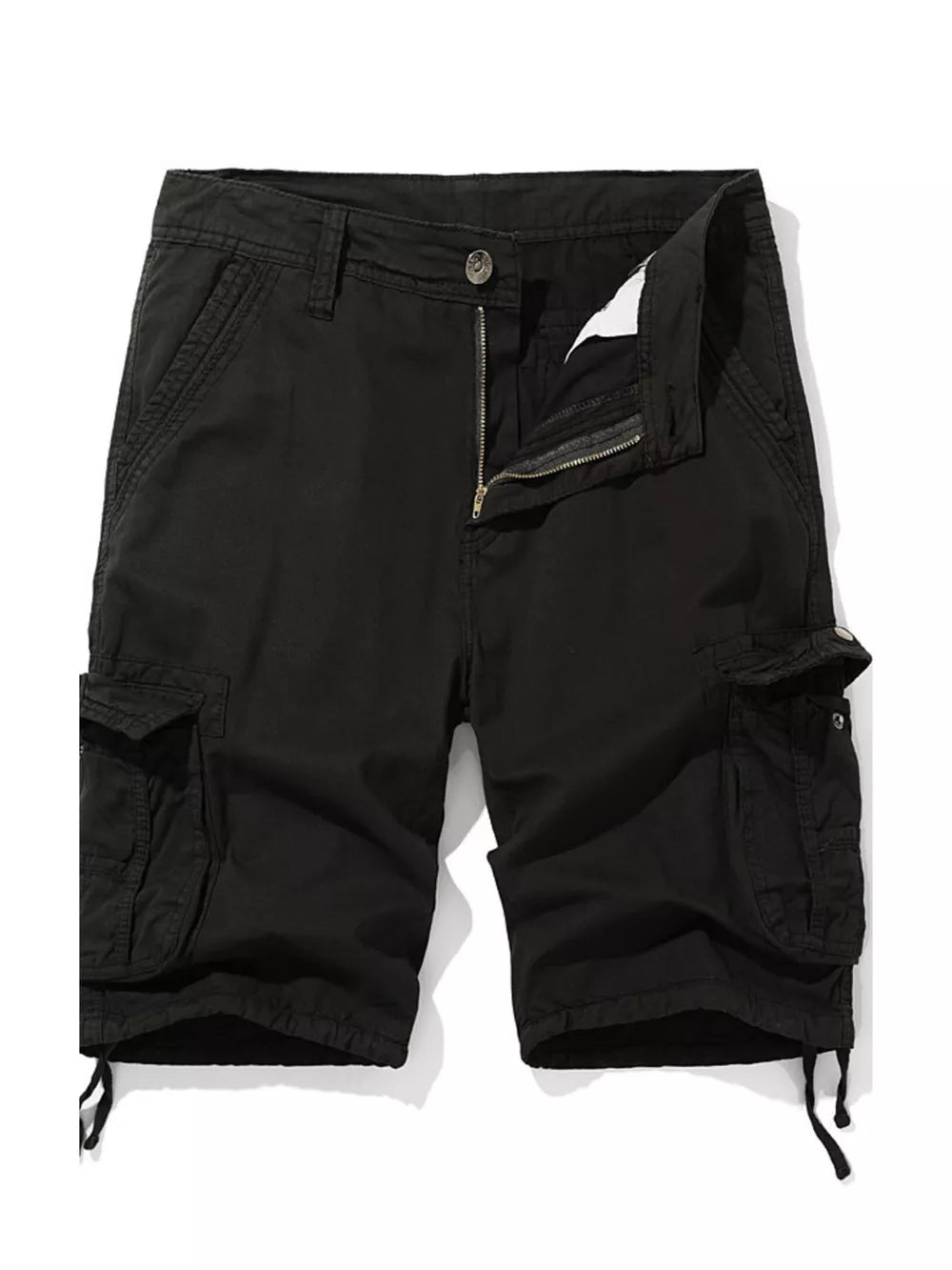 Black cargo shorts for men with multiple pockets and drawstring hem.