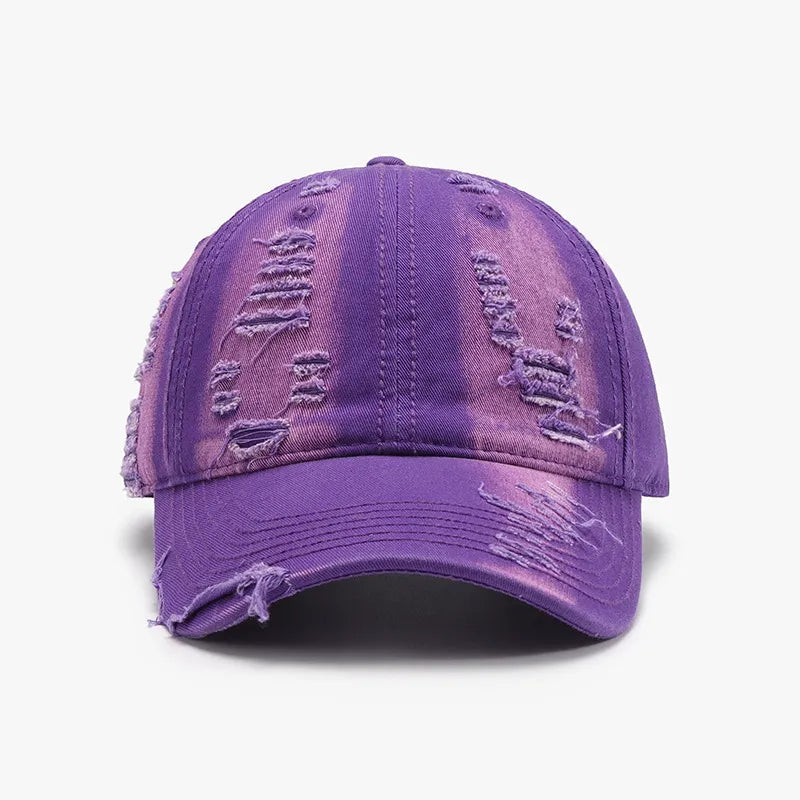 Purple distressed canvas baseball cap with frayed details