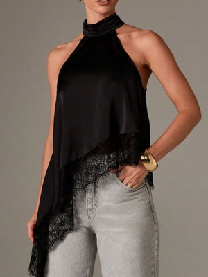 Black halter camisole with lace trim and a draped asymmetrical hem.