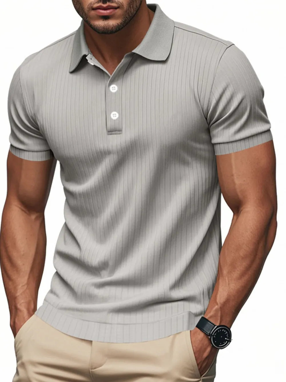 Gray ribbed polo shirt with short sleeves and a two-button placket.