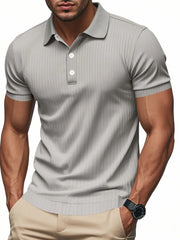 Gray ribbed polo shirt with short sleeves and a two-button placket.