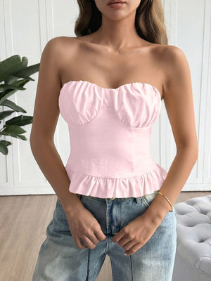 Pink ruffled hem strapless tube top with sweetheart neckline