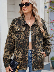 Leopard print utility denim shacket with button front and chest pockets.