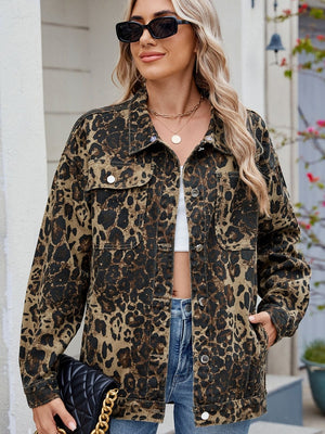 Leopard print utility denim shacket with button front and chest pockets.