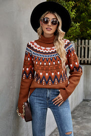 Geometric knit turtleneck sweater in caramel with fair isle pattern and ribbed cuffs.