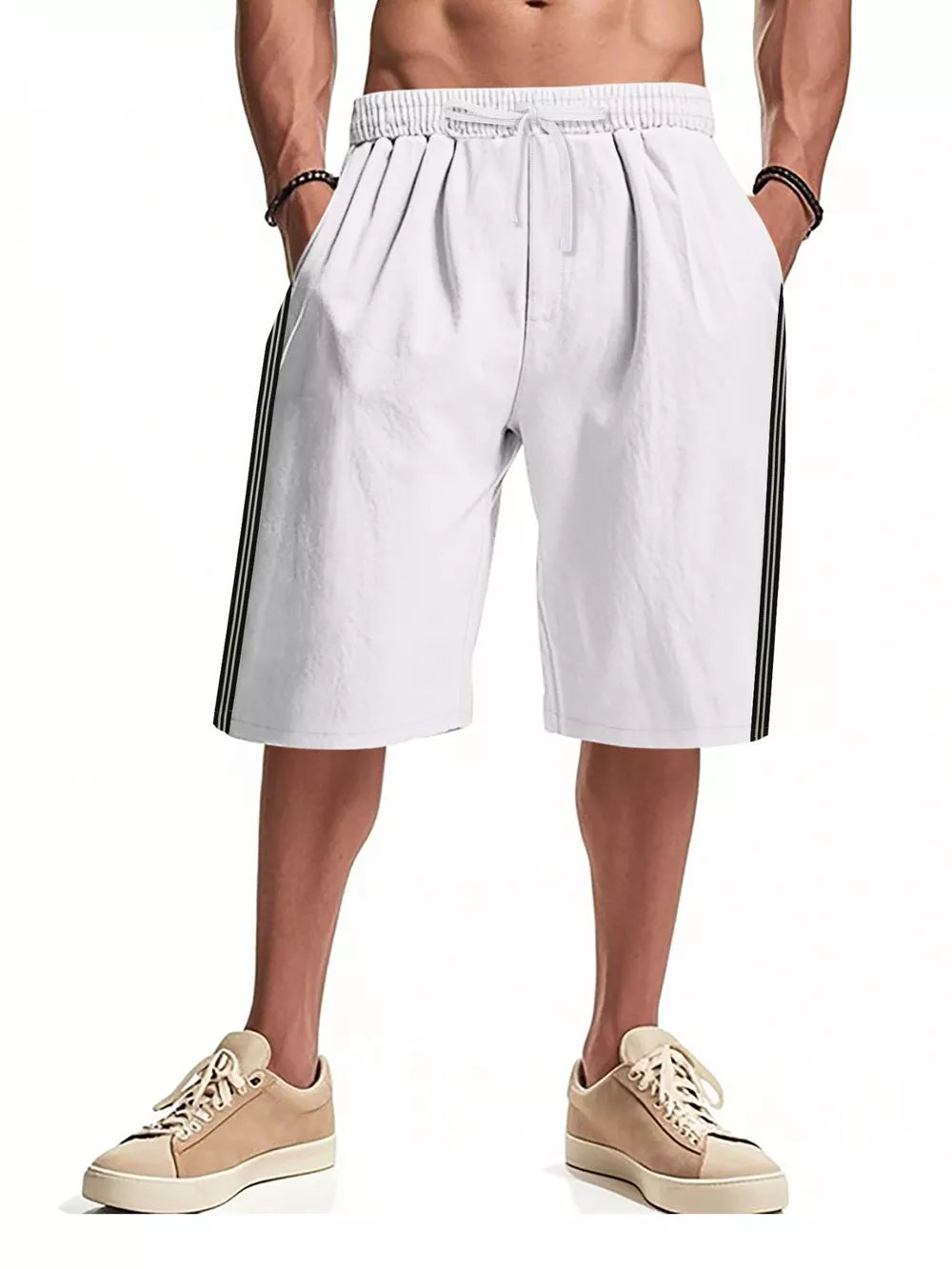 White men's bermuda shorts with drawstring and side stripe detail