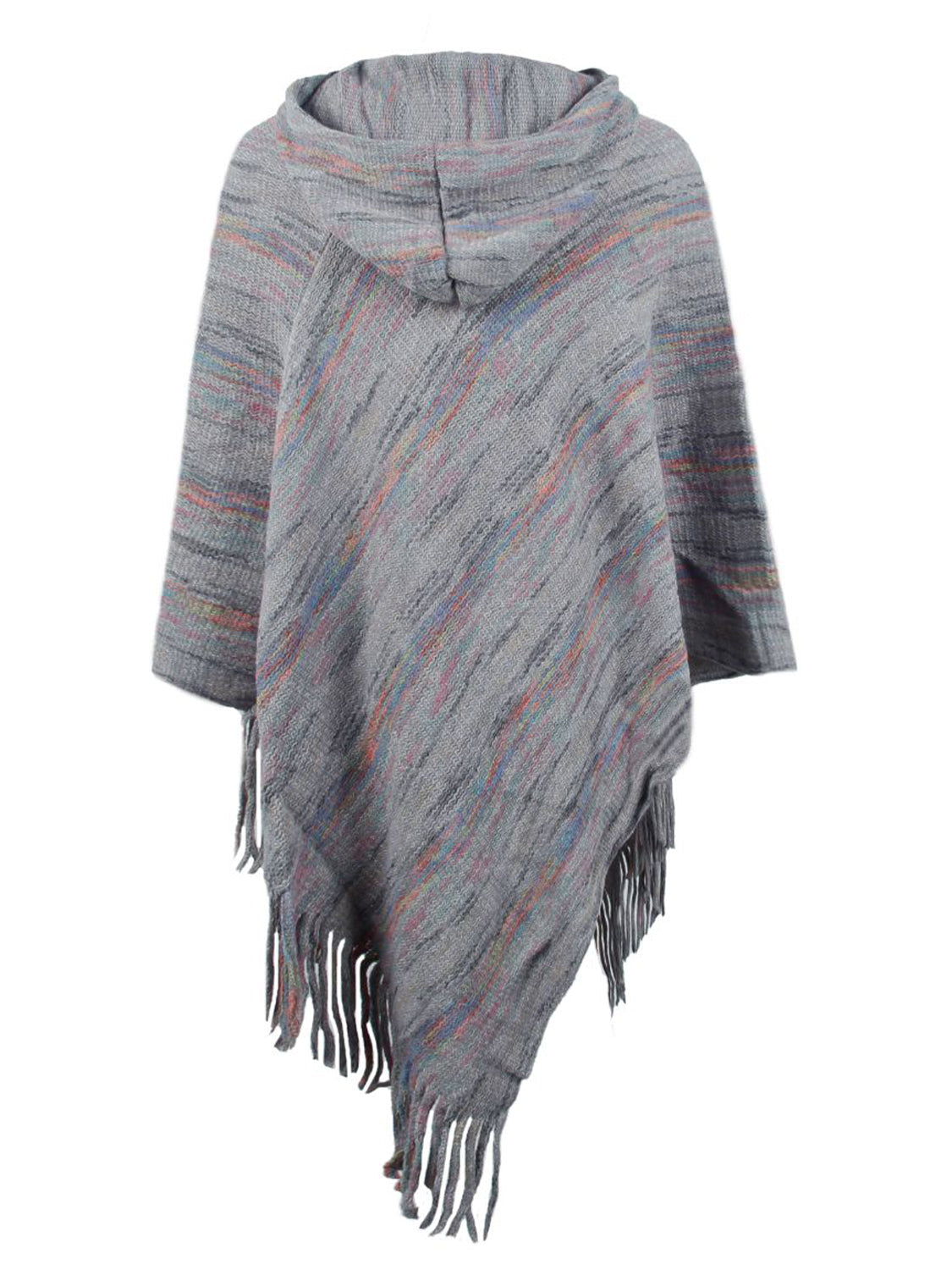 Charcoal mélange knit hooded cape with colorful threads and fringe detail