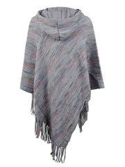 Charcoal mélange knit hooded cape with colorful threads and fringe detail