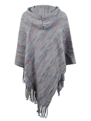 Charcoal mélange knit hooded cape with colorful threads and fringe detail
