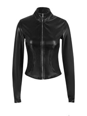 Black faux leather zip-up jacket with a stand-up collar and form-fitting cut.