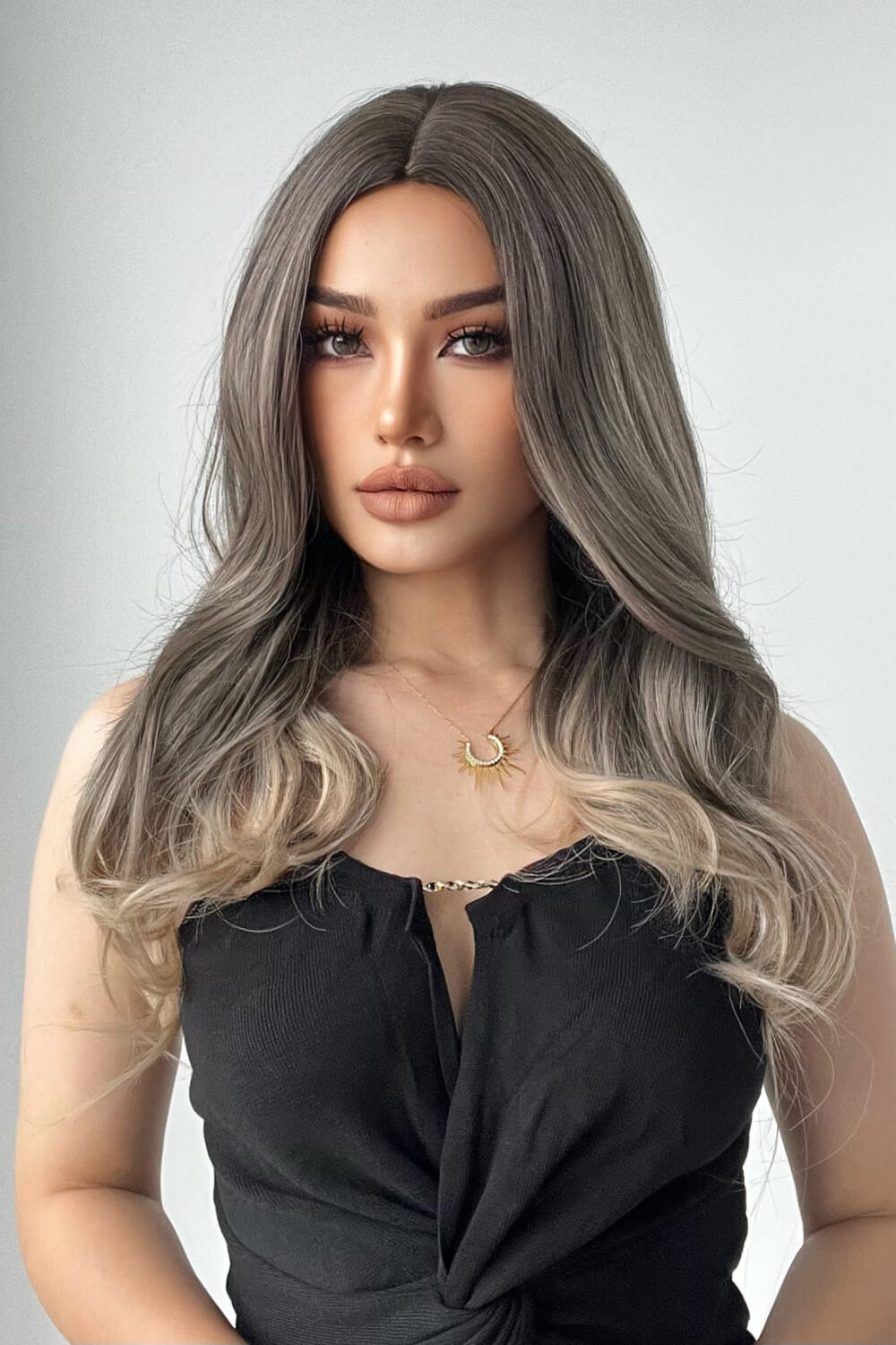 Ombre Wave Synthetic Wig in Ash Brown/Blonde, styled with loose waves.