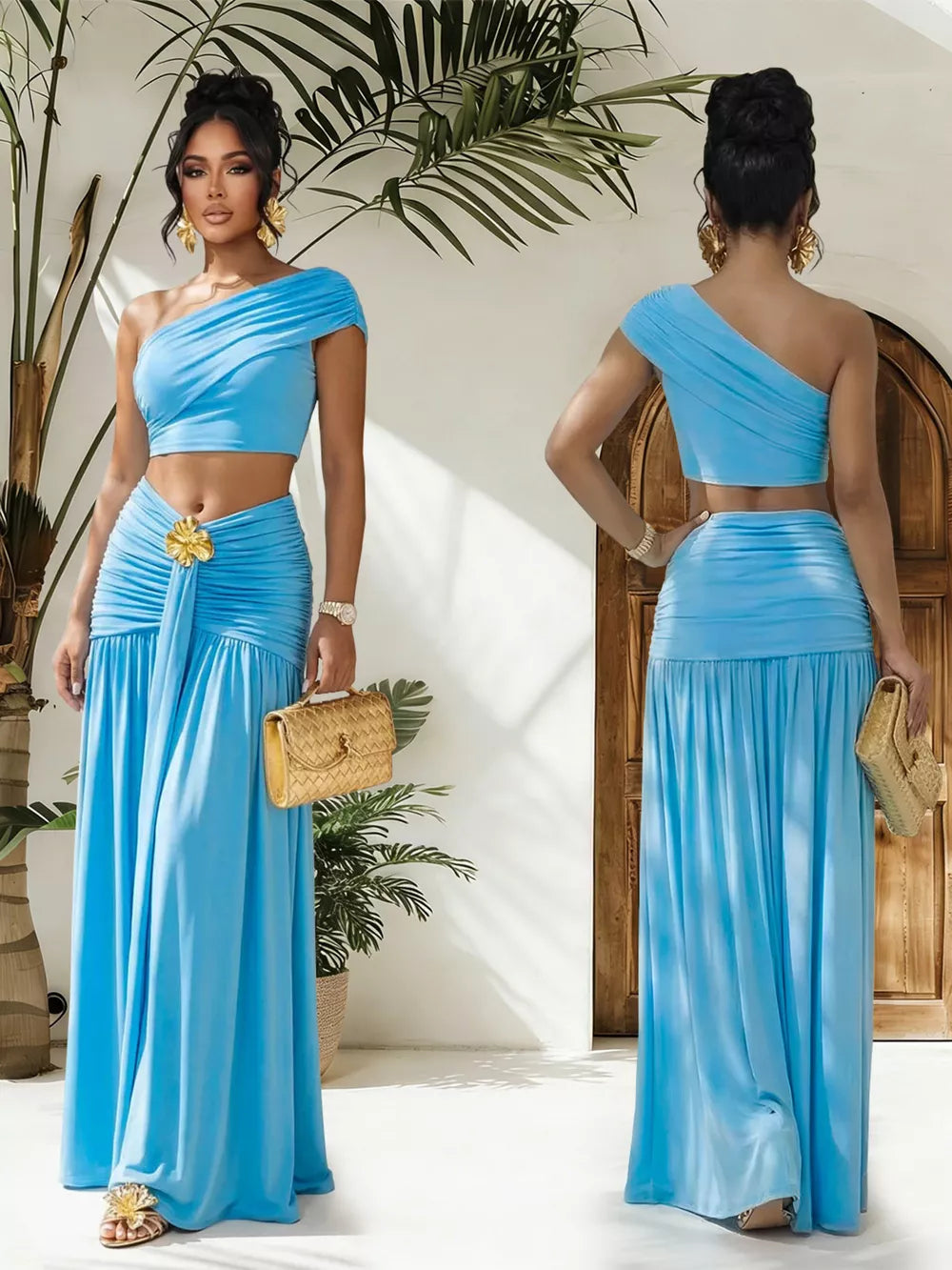 Sky blue one-shoulder ruched crop top and maxi skirt set with gold flower detail