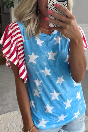 Patriotic t-shirt with blue star print and red and white striped ruffle sleeves.