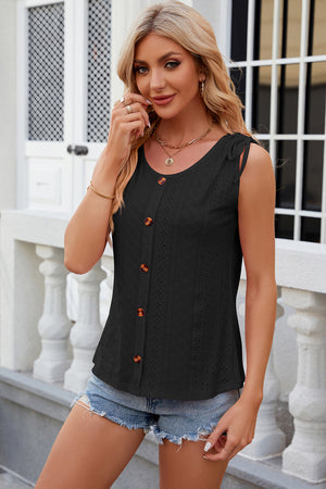 Black eyelet tank top with tie shoulders and button front