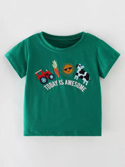 Green cotton blend toddler t-shirt with embroidered farm scene and text.