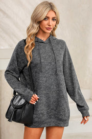 Charcoal textured raglan sleeve hoodie with drawstring hood and front pocket.