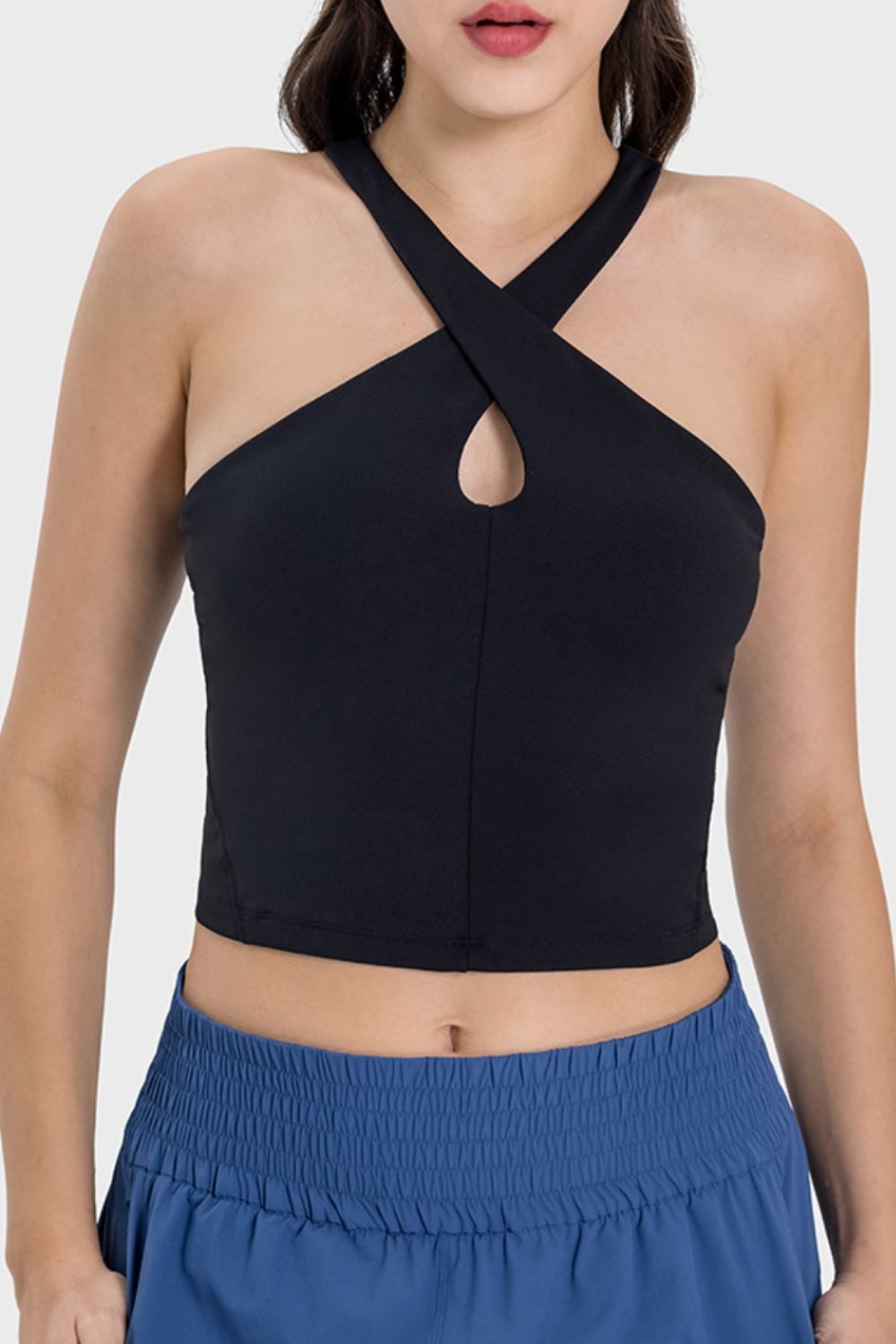 Black keyhole halter crop top with crisscross straps