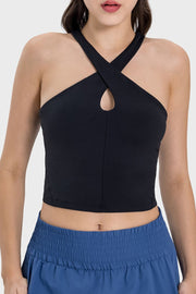 Black keyhole halter crop top with crisscross straps