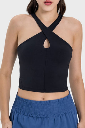Black keyhole halter crop top with crisscross straps