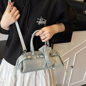 Denim Bow Accent Crossbody Bag in Blue, fit detail