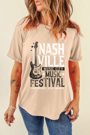 Tan graphic tee with Nashville Music Festival print and guitar detail