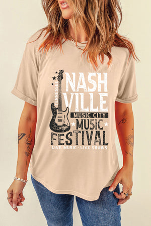 Tan graphic tee with Nashville Music Festival print and guitar detail