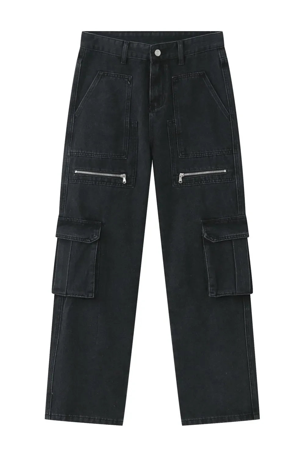 Dark denim wide-leg cargo pants with multiple zip and flap pockets.