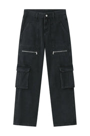 Dark denim wide-leg cargo pants with multiple zip and flap pockets.