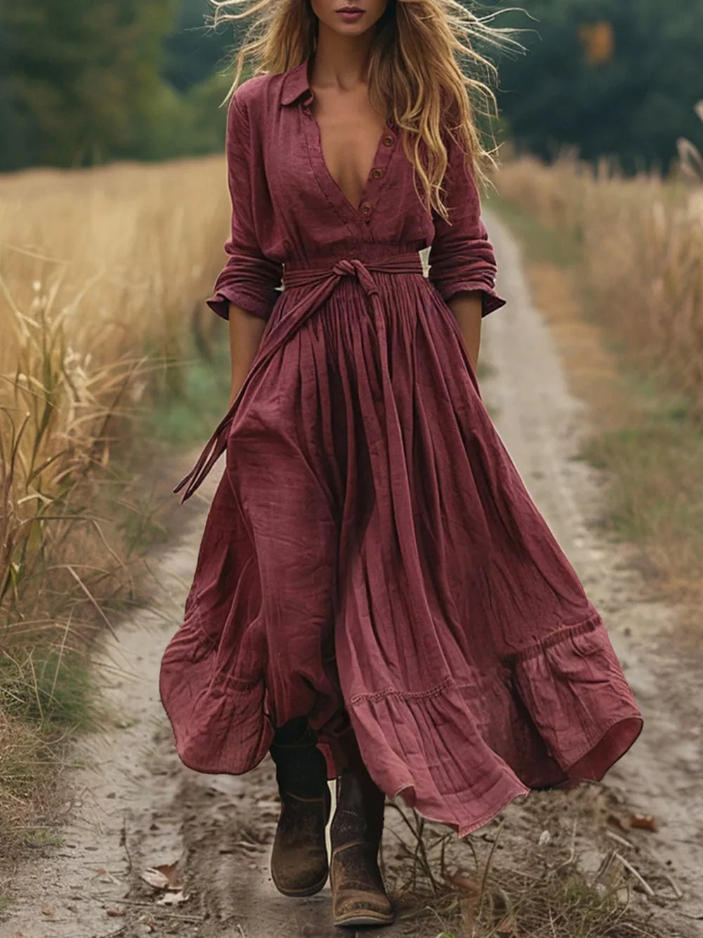 Red belted maxi dress with button front and ruffled hem, tied waist, long sleeves.