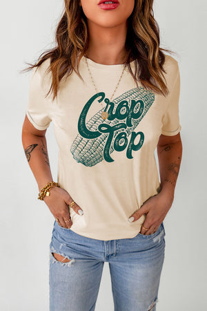 Sand crop top graphic tee with rolled sleeves and corn graphic.