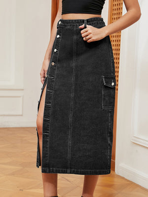 Denim midi skirt in dark wash with thigh slit and button front detail.