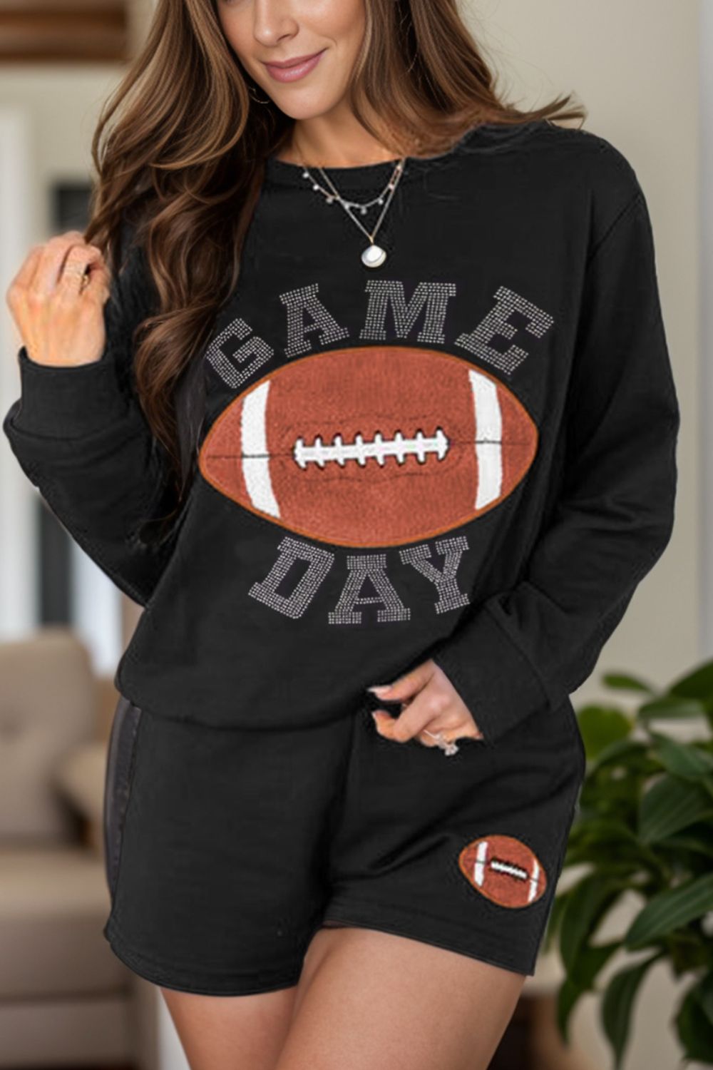 Black cotton sweatshirt and shorts set with rhinestone Game Day football graphic