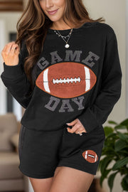 Black cotton sweatshirt and shorts set with rhinestone Game Day football graphic