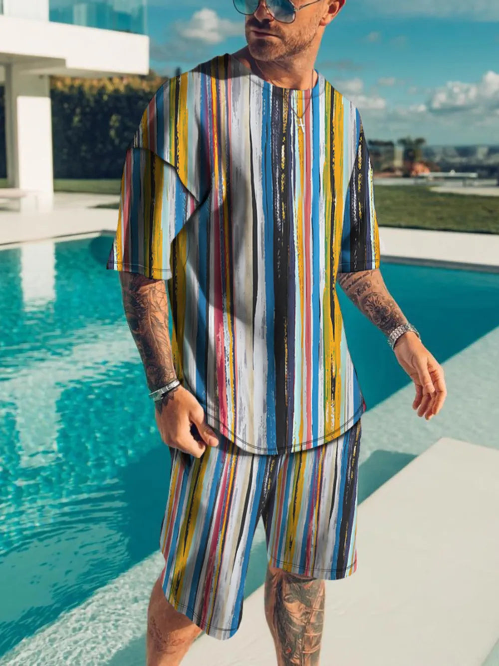 Men's Full Size Striped Short Sleeve Top & Shorts Set, fabric detail