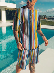 Men's Full Size Striped Short Sleeve Top & Shorts Set, fabric detail