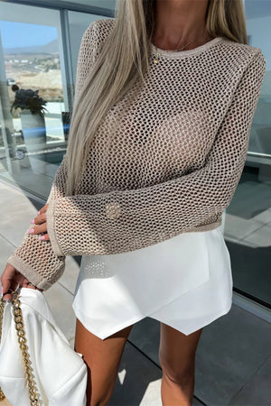 Openwork crochet sleeve top in mocha acrylic with a crew neck and long sleeves.