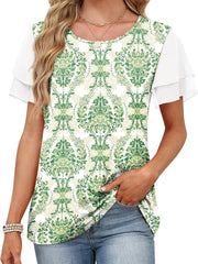 Green floral t-shirt with layered ruffled white short sleeves and a crew neck.