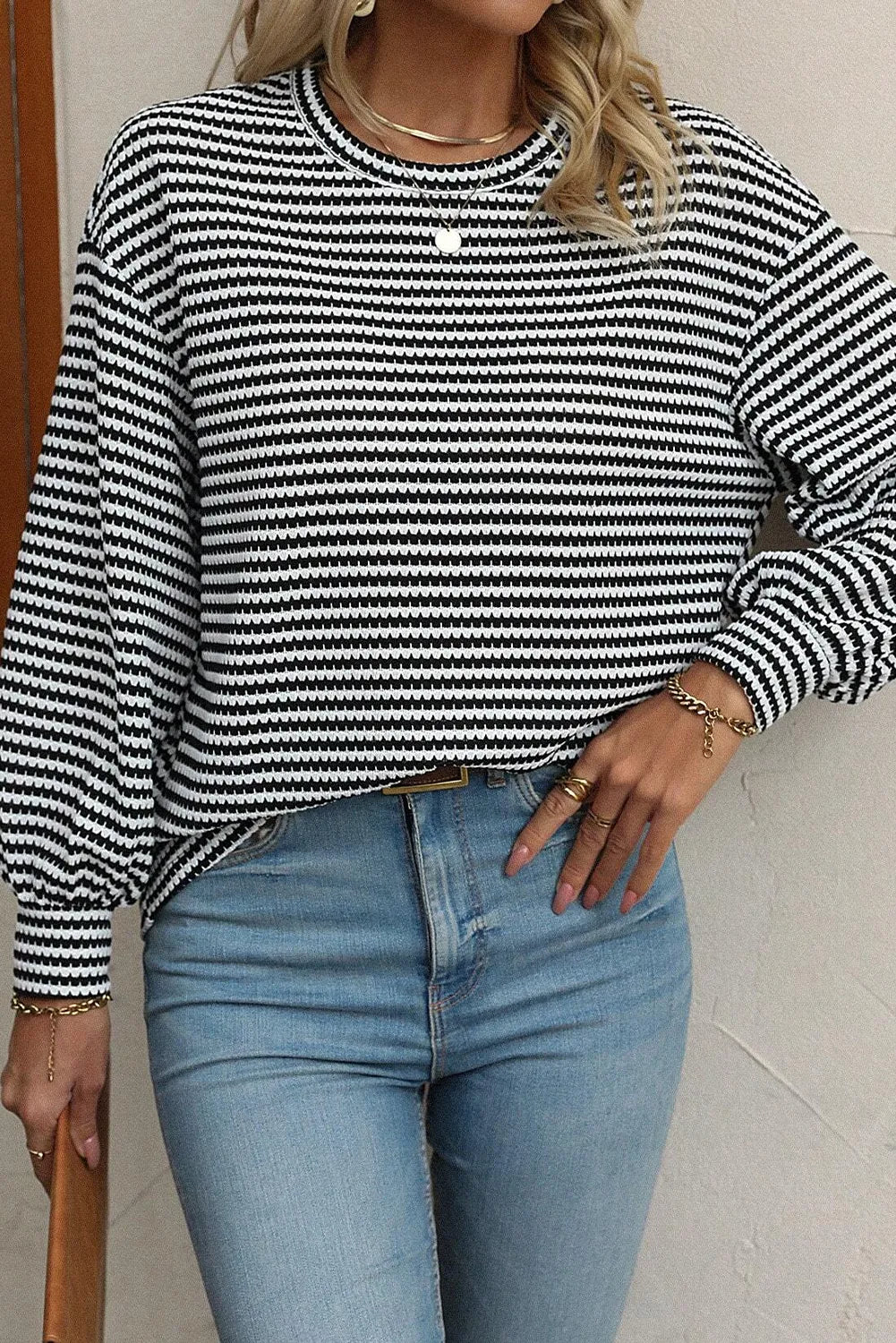 Black and white striped long sleeve tee with textured fabric and balloon sleeves