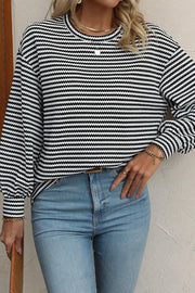 Black and white striped long sleeve tee with textured fabric and balloon sleeves